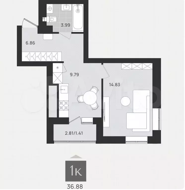 1-к. квартира, 36,9 м, 5/9 эт. - Фото 1