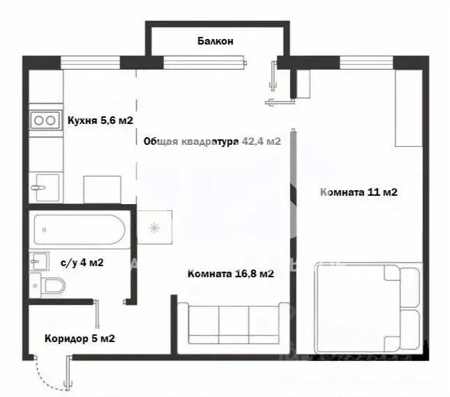 2-к кв. Новосибирская область, Новосибирск ул. Серафимовича, 1/2 (42.4 ... - Фото 1