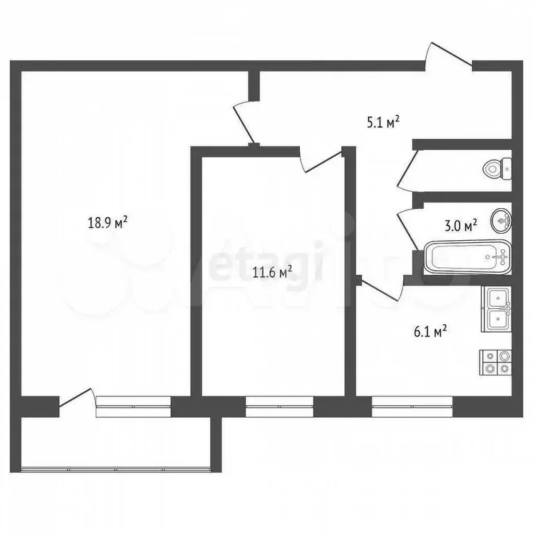 2-к. квартира, 46,9 м, 8/9 эт. - Фото 0