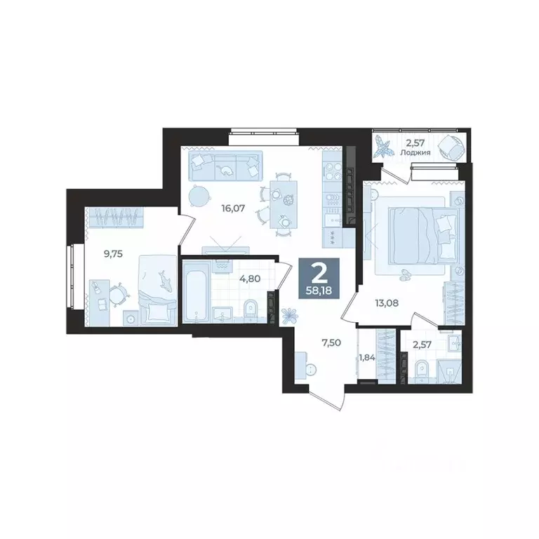 2-к кв. Свердловская область, Екатеринбург Уктус жилрайон,  (58.18 м) - Фото 1