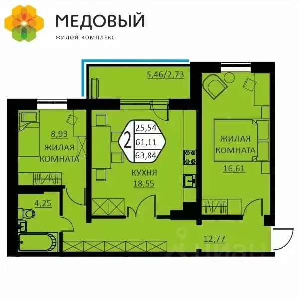 2-к кв. Пермский край, д. Кондратово ул. Г.Н. Нифантова, 12 (63.84 м) - Фото 0