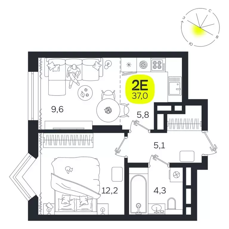2-комнатная квартира: Екатеринбург, улица Титова, 19Б (37 м) - Фото 0