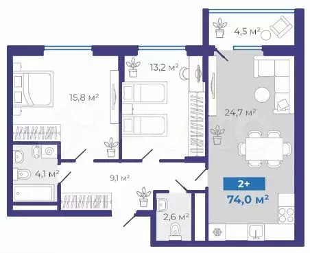 2-к. квартира, 74 м, 3/15 эт. - Фото 1