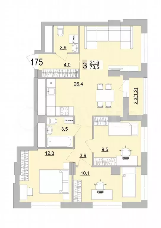 3-к. квартира, 74,6 м, 23/24 эт. - Фото 0