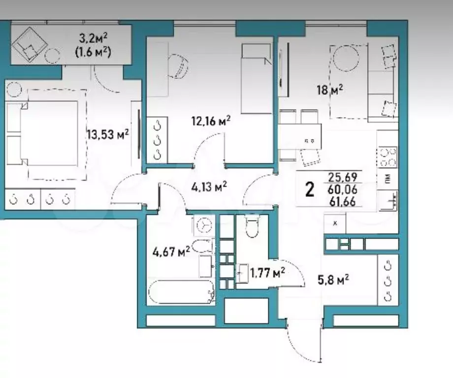 2-к. квартира, 60 м, 4/25 эт. - Фото 1