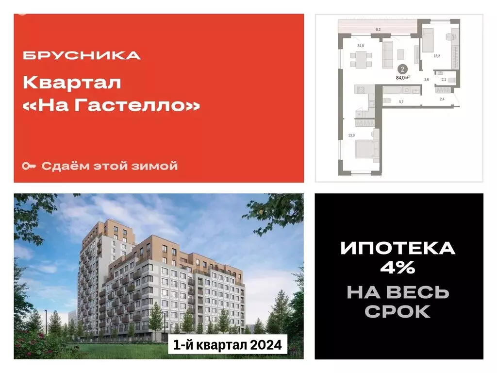 2-комнатная квартира: Тюмень, улица Молодогвардейцев, 5к1 (83.96 м) - Фото 0