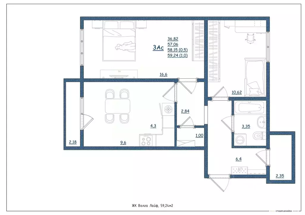 3-к кв. Тверская область, Тверь Новочеркасская ул., 49 (59.24 м) - Фото 2
