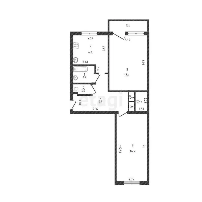 Квартира, 2 комнаты, 47.1 м - Фото 1