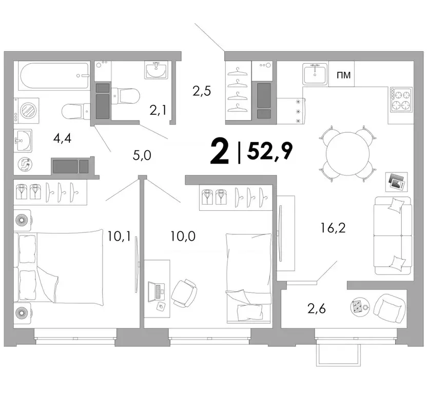 2-к кв. Владимирская область, Владимир Уно жилой комплекс (52.9 м) - Фото 1