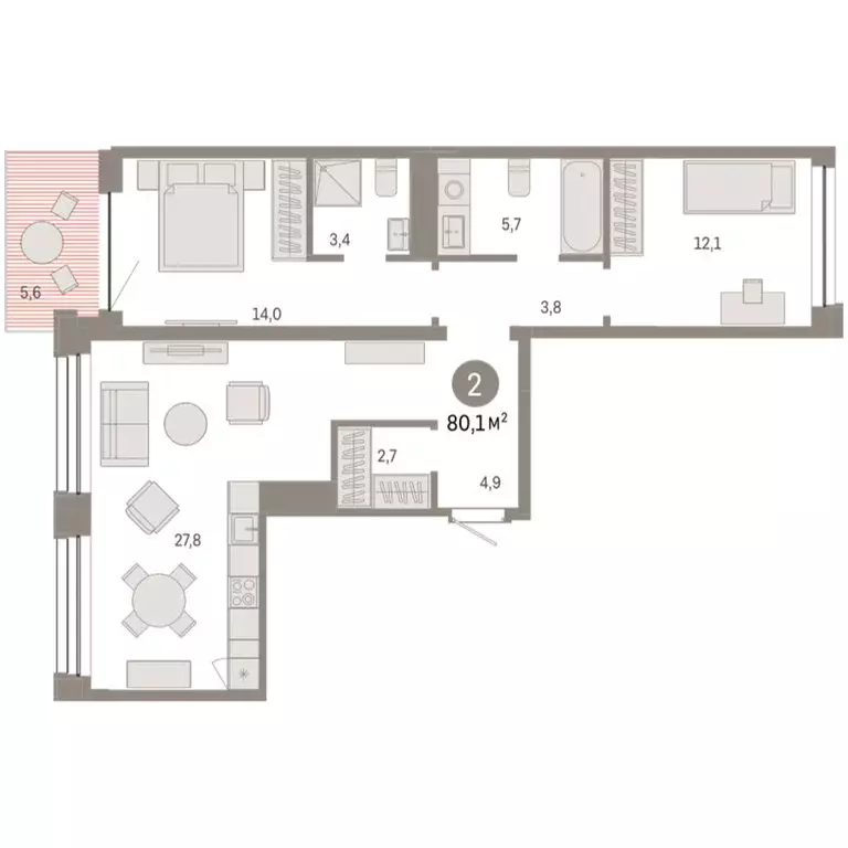 2-комнатная квартира: Тюмень, улица Муравленко, 9/2 (80.08 м) - Фото 1