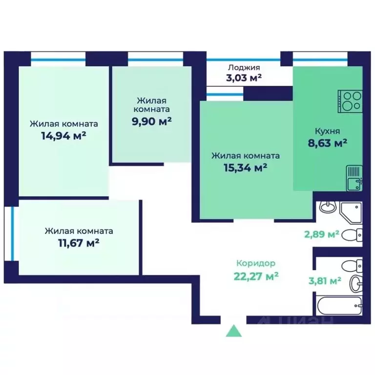 3-к кв. Ярославская область, Ярославль пос. Сокол, 31Ас1 (92.98 м) - Фото 1