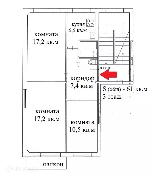 Продаётся 3-к квартира, 61 м - Фото 1
