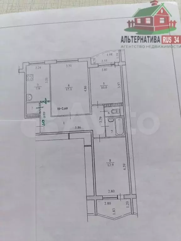 5-к. квартира, 116,8 м, 8/9 эт. - Фото 0