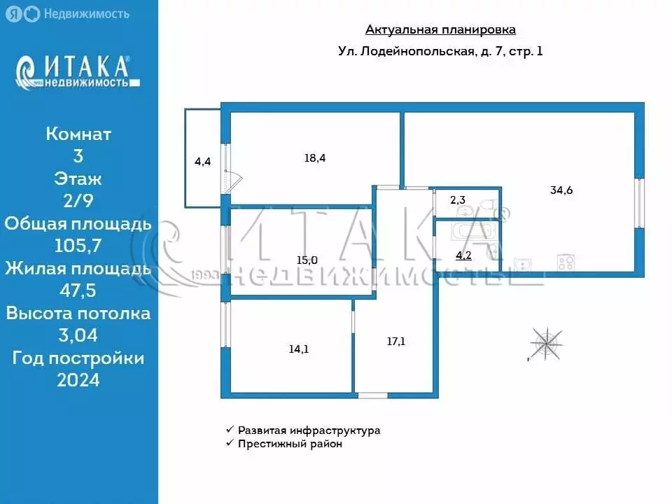 3-комнатная квартира: Санкт-Петербург, Лодейнопольская улица, 7 (105.7 ... - Фото 1
