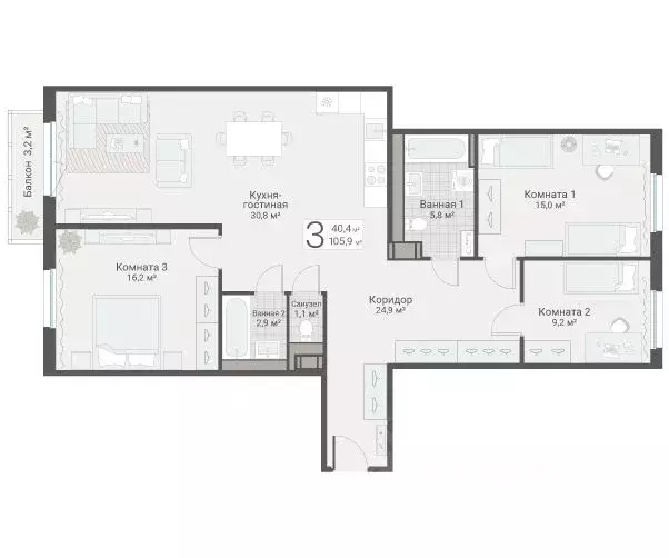 3-к кв. Санкт-Петербург Актерский проезд, 2к2 (105.9 м) - Фото 1