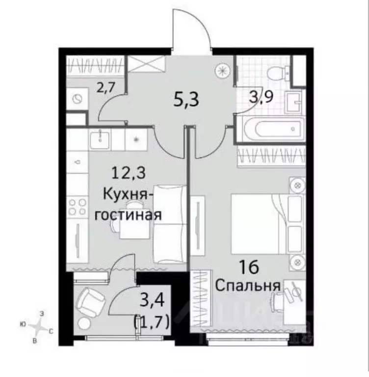 1-к кв. Москва Строительный проезд, 9к1 (41.9 м) - Фото 2