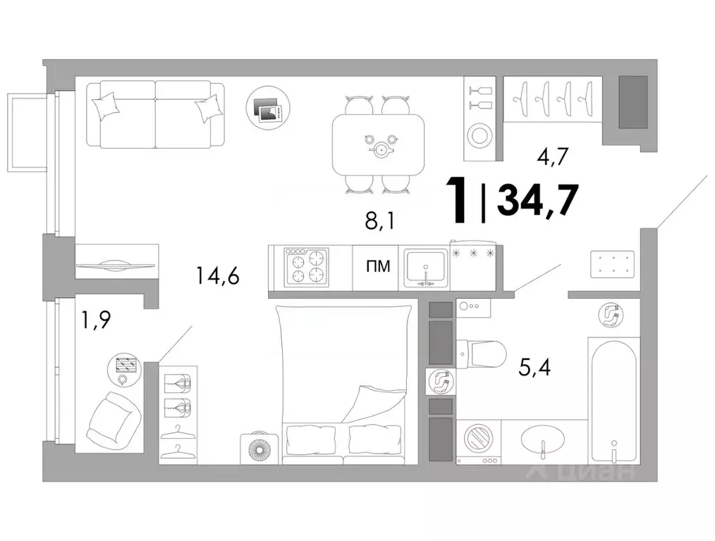Студия Владимирская область, Владимир Уно жилой комплекс (34.7 м) - Фото 1