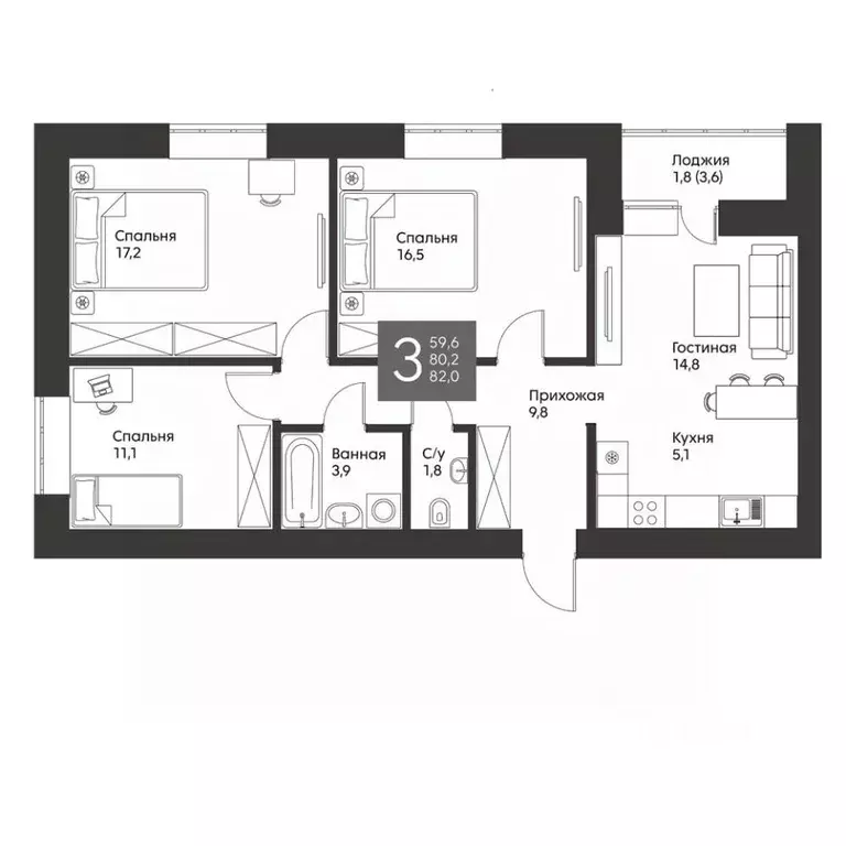3-к кв. Татарстан, Альметьевск ул. Гафиатуллина, 60 (82.0 м) - Фото 0