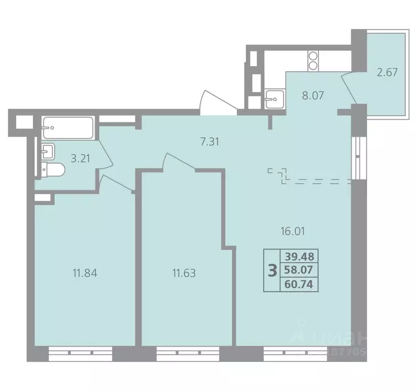 3-к кв. Иркутская область, Иркутск ул. Калинина, 42 (60.74 м) - Фото 0