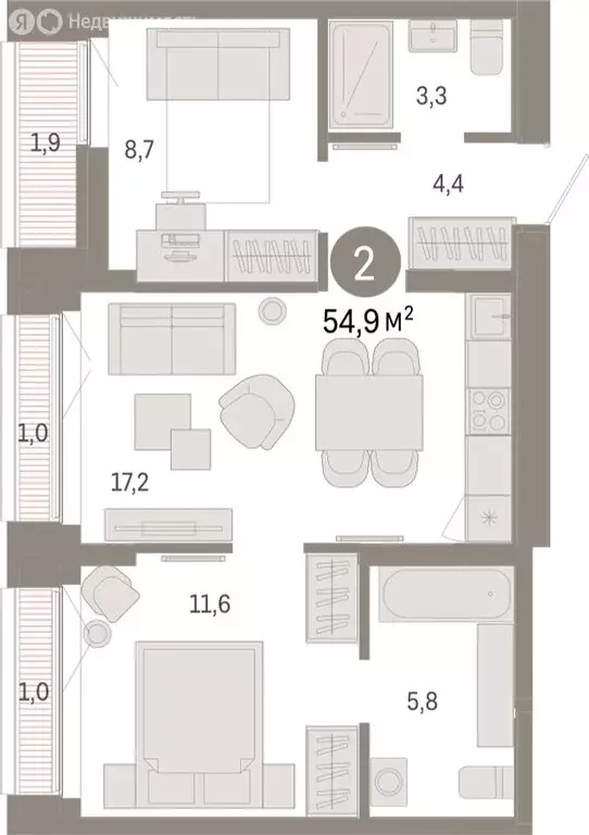 2-комнатная квартира: Екатеринбург, улица Гастелло, 19А (54.93 м) - Фото 1