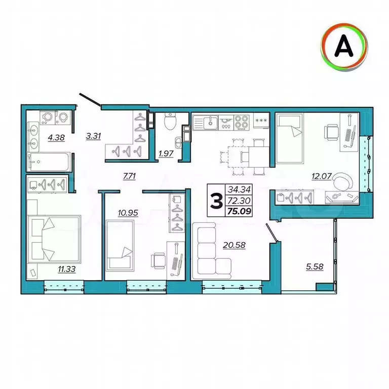 3-к. квартира, 75,1 м, 11/16 эт. - Фото 1