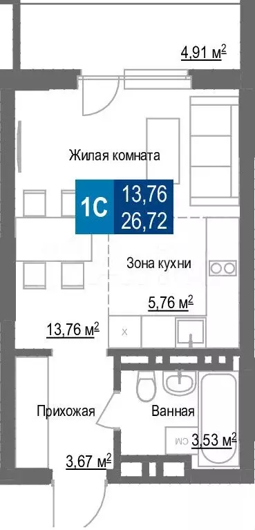 1-к. квартира, 26,7м, 3/25эт. - Фото 1