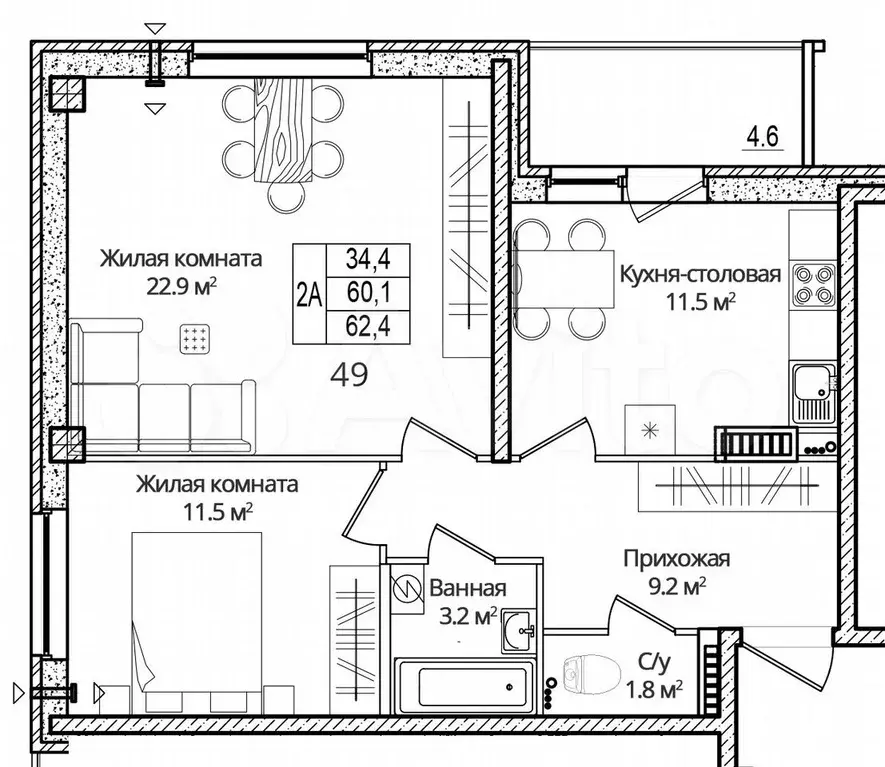 2-к. квартира, 62,4 м, 7/16 эт. - Фото 0