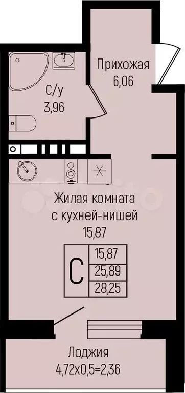 Квартира-студия, 28,3 м, 8/15 эт. - Фото 0