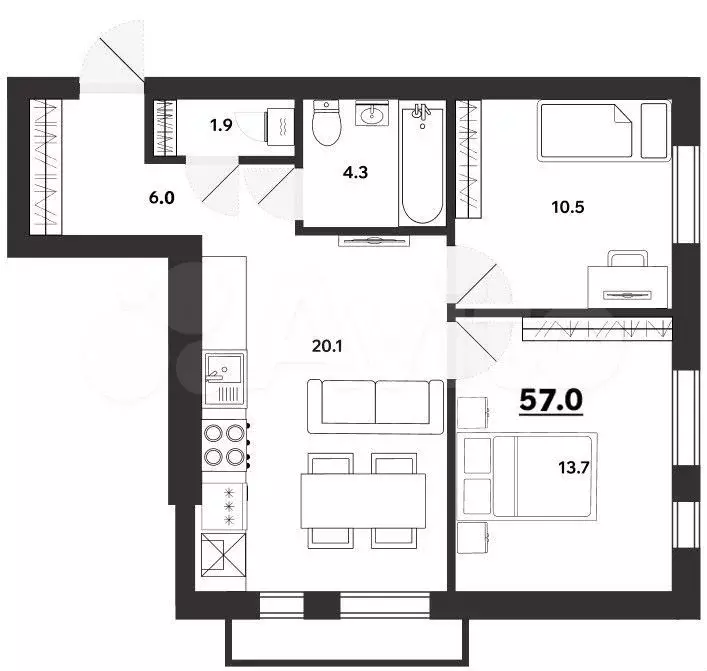2-к. квартира, 57 м, 2/5 эт. - Фото 0