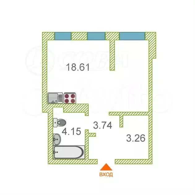 1-к. квартира, 30 м, 1/4 эт. - Фото 0