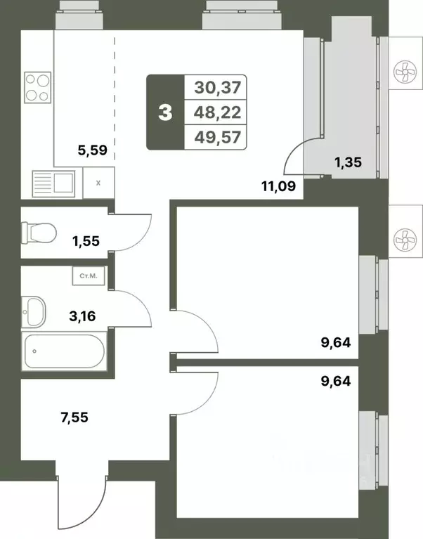 3-к кв. Башкортостан, Уфимский район, с. Миловка  (49.57 м) - Фото 1