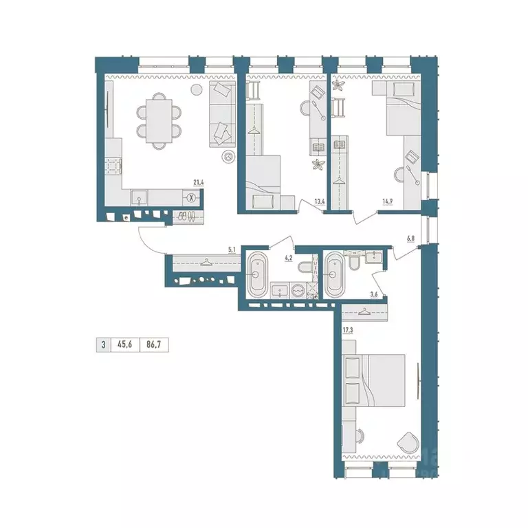 3-к кв. Башкортостан, Уфа Родина Парк жилой комплекс (86.7 м) - Фото 1