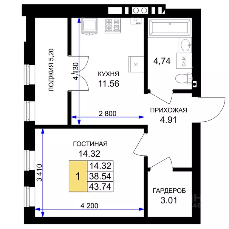 1-к кв. Калининградская область, Гурьевск Включи жилой комплекс (43.74 ... - Фото 0