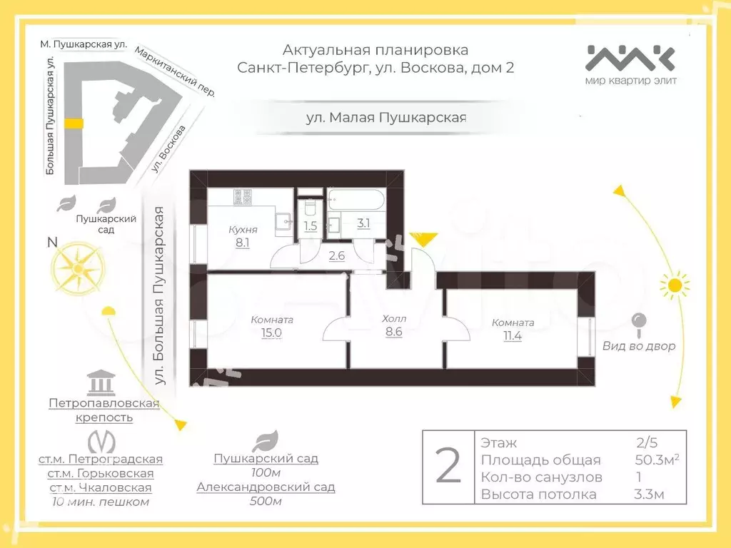 2-к. квартира, 50,3 м, 2/5 эт. - Фото 1