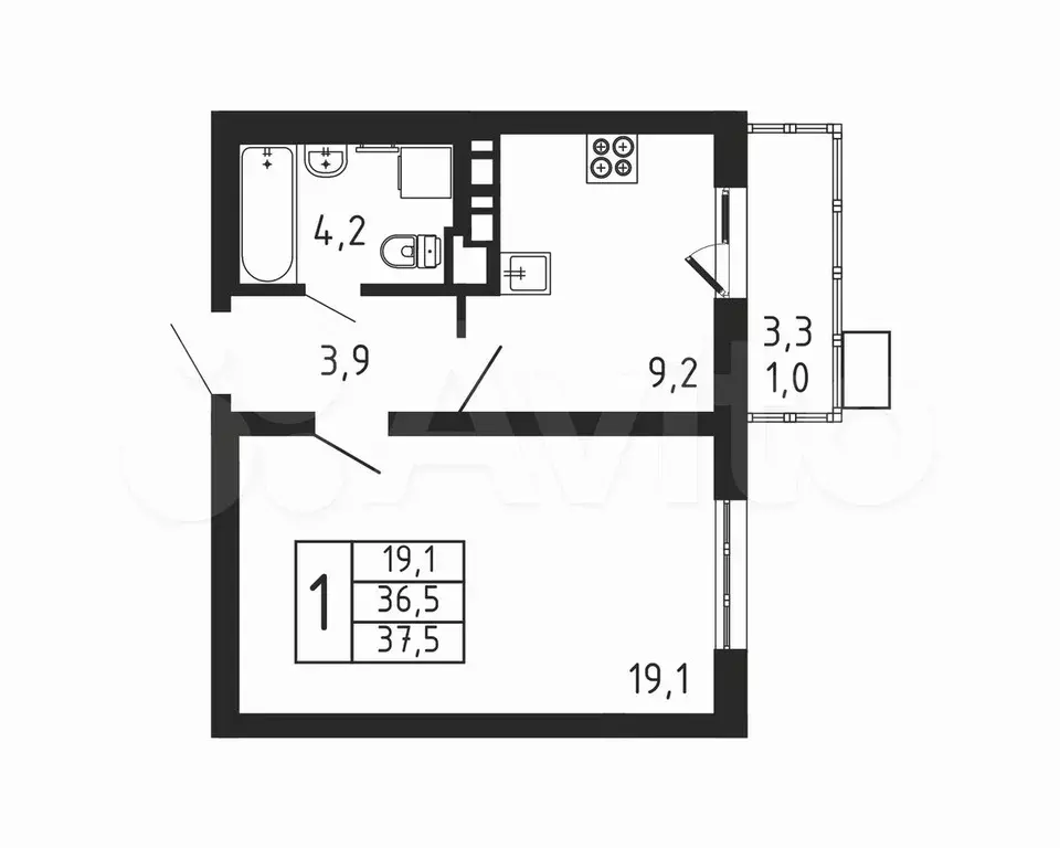 1-к. квартира, 37,5 м, 9/9 эт. - Фото 0
