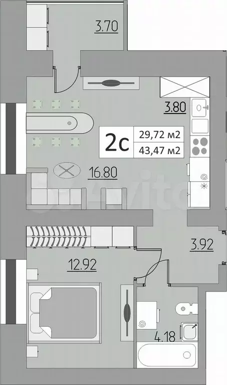 2-к. квартира, 43,5 м, 1/15 эт. - Фото 0