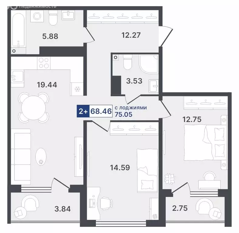 2-комнатная квартира: Тюмень, Ставропольская улица, 1 (68.46 м) - Фото 0