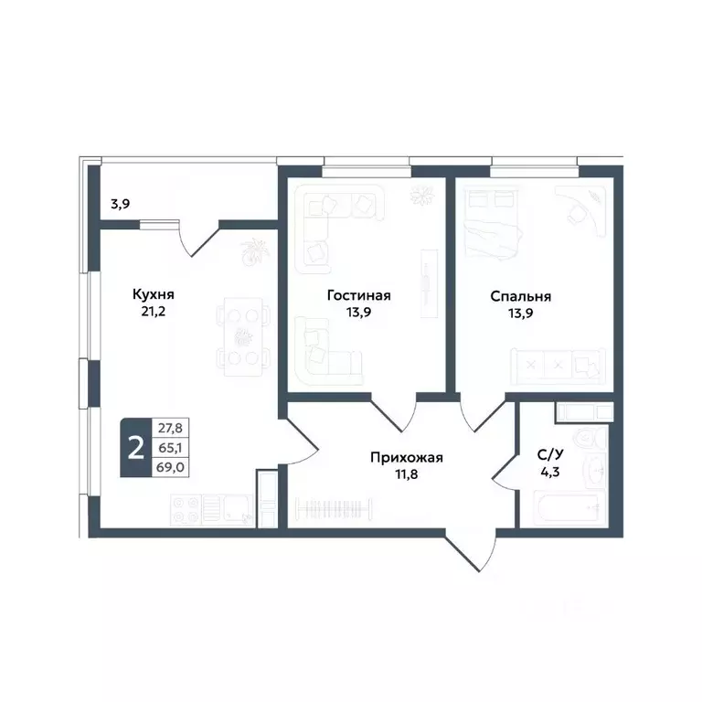 2-к кв. Ставропольский край, Ставрополь ул. Андрея Голуба, 11Б (69.0 ... - Фото 1