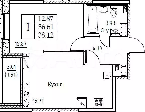 1-к. квартира, 37 м, 2/16 эт. - Фото 0