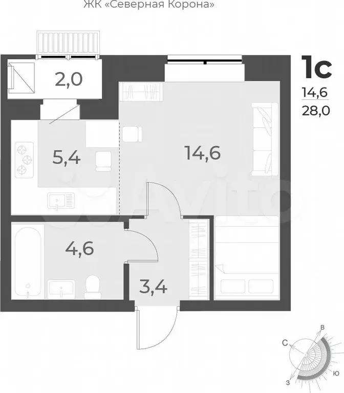 1-к. квартира, 28 м, 5/13 эт. - Фото 0