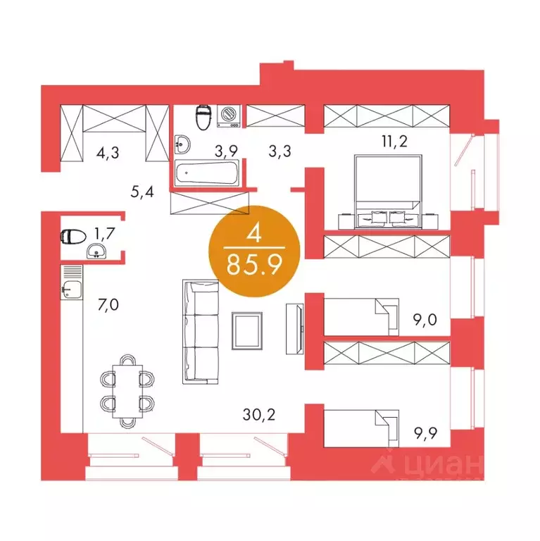 4-к кв. Красноярский край, Красноярск ул. Шахтеров, 33А (85.9 м) - Фото 0