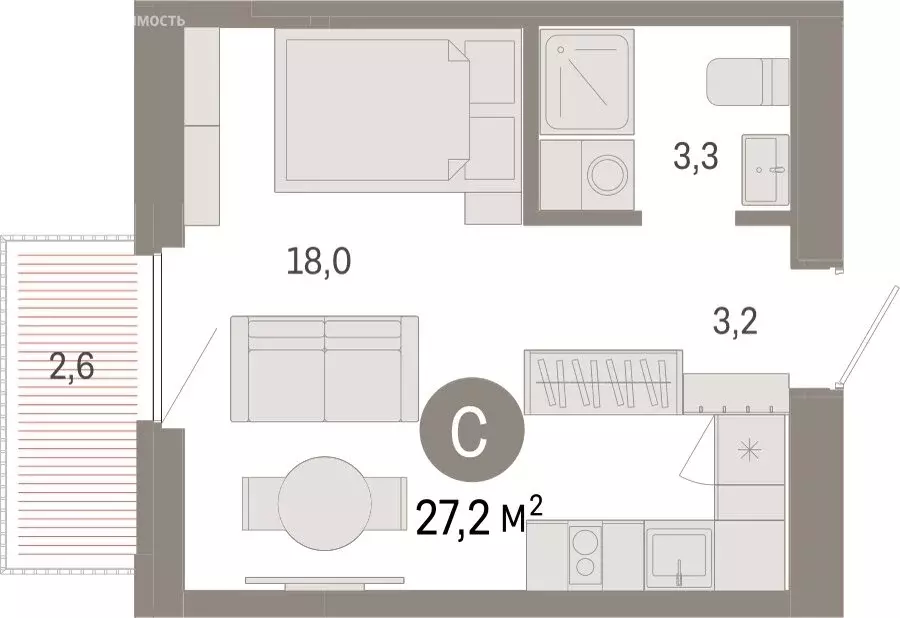 Квартира-студия: Тюмень, Мысовская улица, 26к2 (27.24 м) - Фото 1