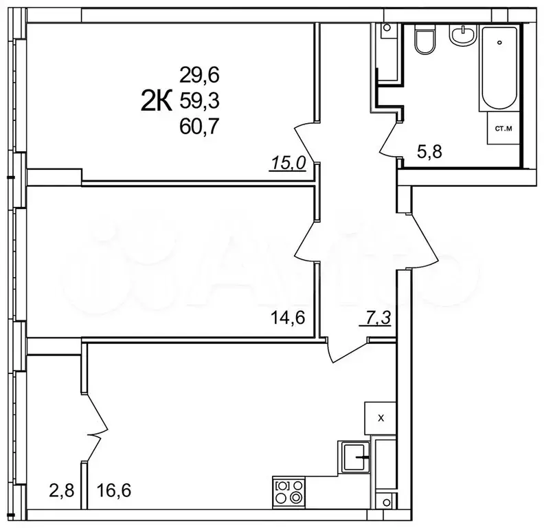 2-к. квартира, 60 м, 7/25 эт. - Фото 1