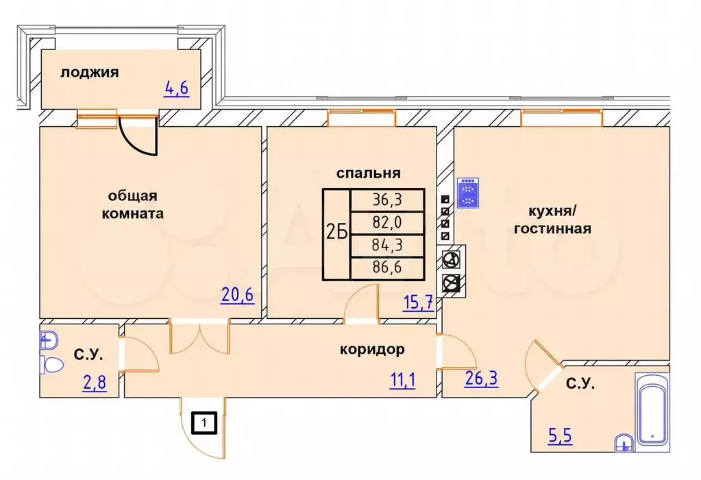 2-к. квартира, 86,6 м, 1/4 эт. - Фото 0