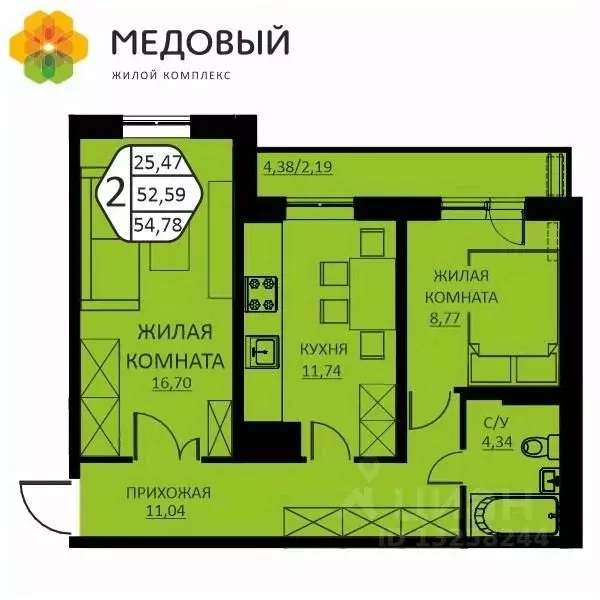 2-к кв. Пермский край, д. Кондратово ул. Н.М. Яблокова, 2 (54.78 м) - Фото 0