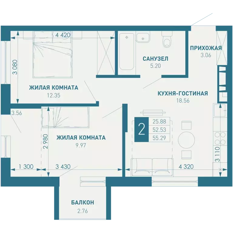 2-к квартира, 53.358 м - Фото 0
