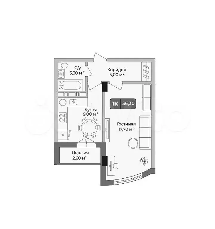 1-к. квартира, 36,3 м, 5/9 эт. - Фото 1