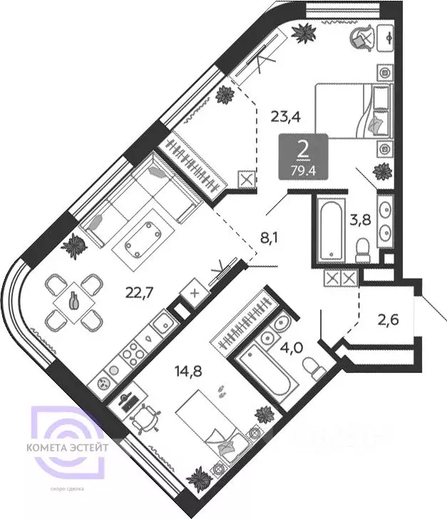 3-к кв. Москва наб. Марка Шагала, 15к1 (79.4 м) - Фото 1