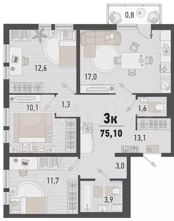 3-к. квартира, 75,1 м, 12/24 эт. - Фото 0