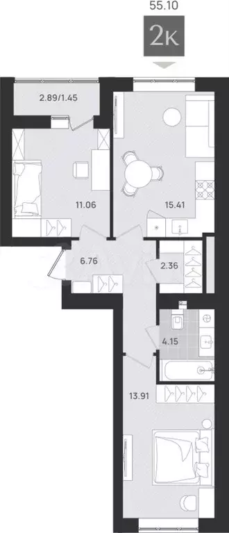 2-к. квартира, 55,1 м, 7/9 эт. - Фото 0